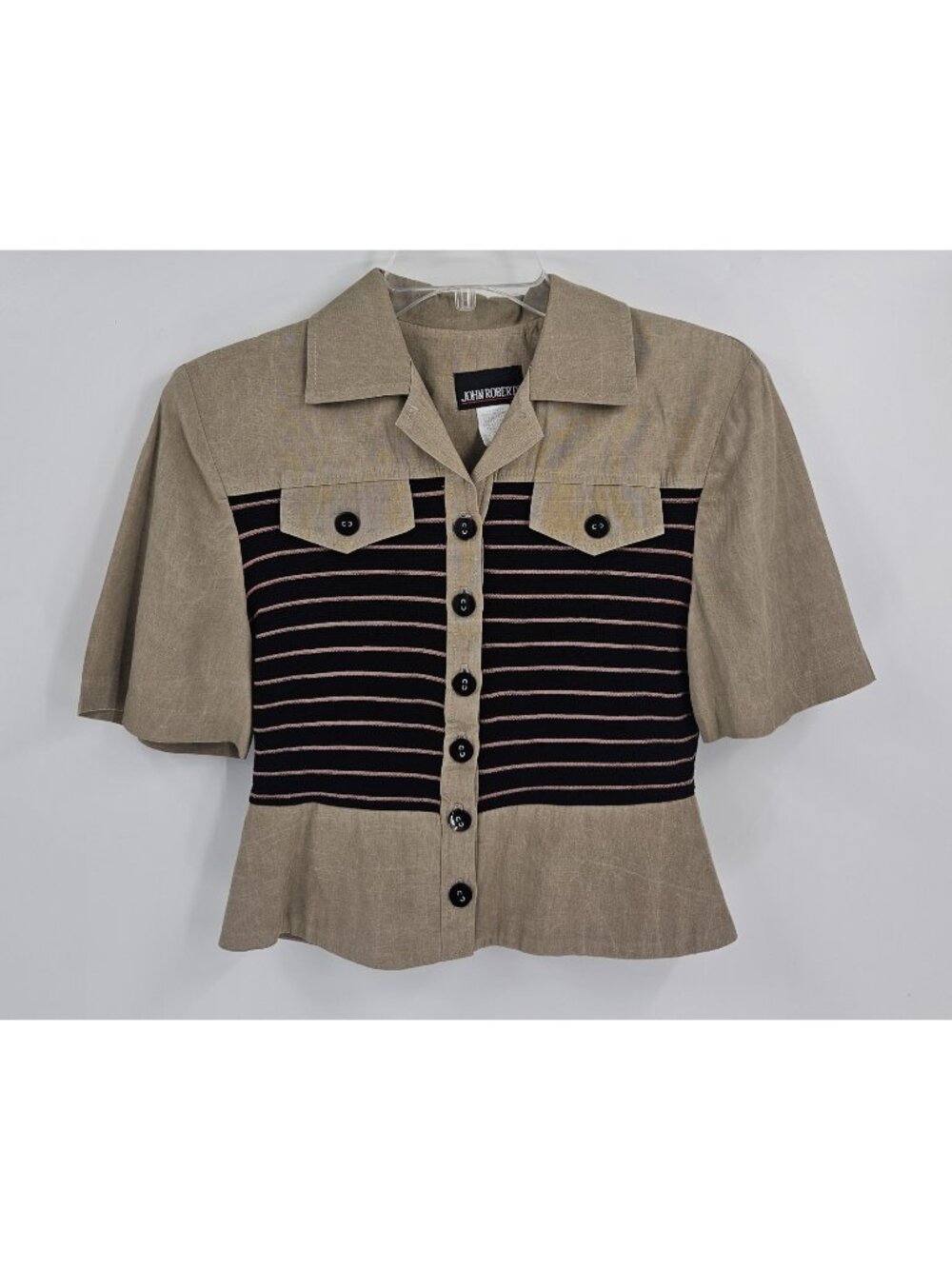 Vintage John Roberts 2 Pc Pantsuit Set Tan Striped Knit Panel Size 6 USA